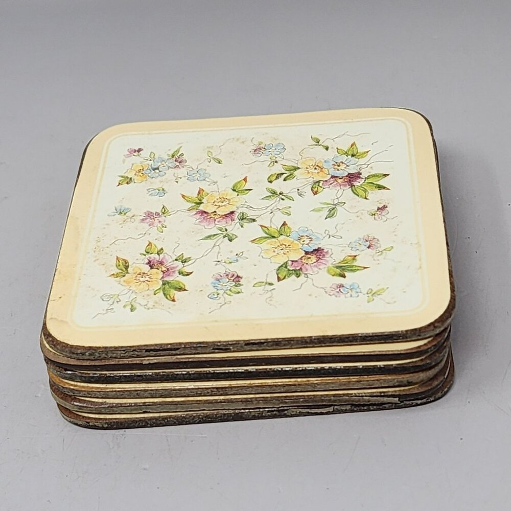 Vintage Floral Cork-Backed Square Coasters Set Of 6